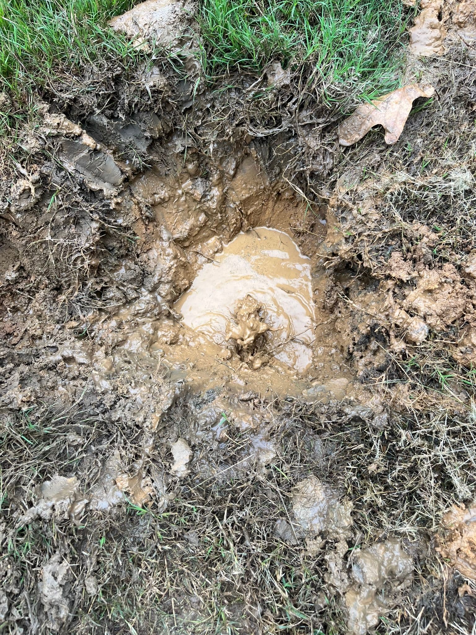 Water-filled hole in muddy ground, indicating possible drainage issue or leak.