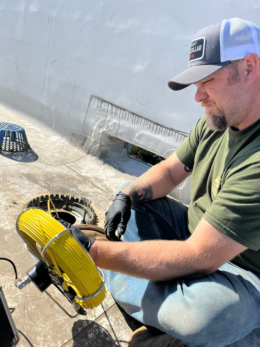 Technician using a drain cleaning machine with yellow cable on a roof.